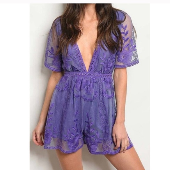 Pants - Purple Lace Embroidered Romper